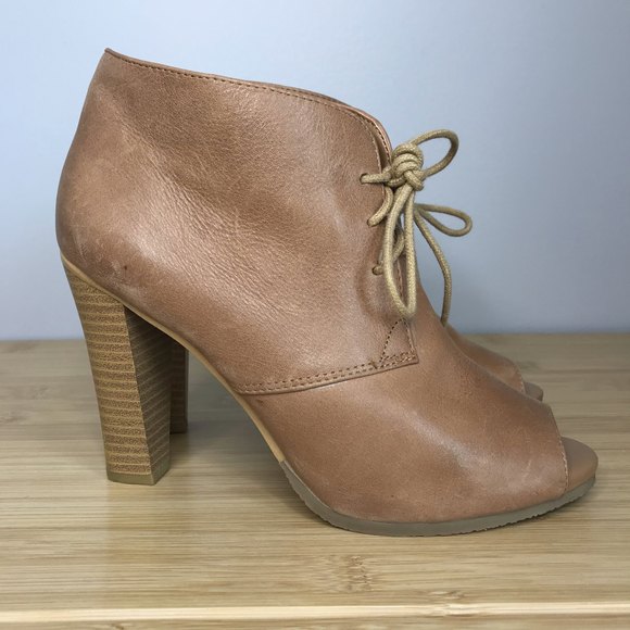 Ann Taylor LOFT Tan Genuine Leather Lace Up Peep Open Toe Heeled Booties sz 6.5 - Picture 4 of 9